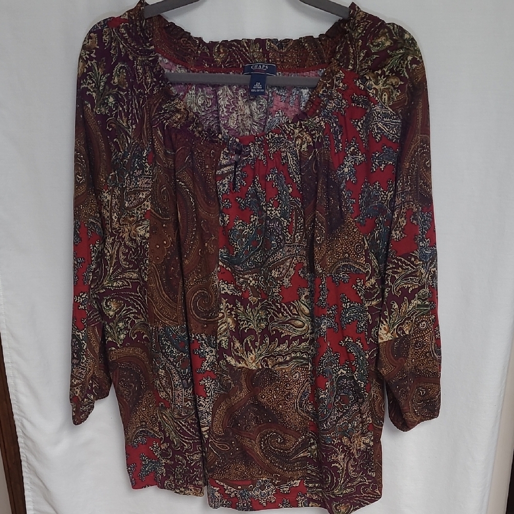 Chaps Colorful Earth Tone Paisley Blouse  Boho Cottahecore 2X
